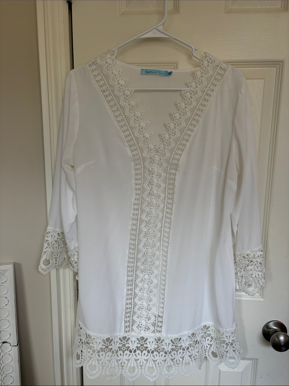 Solitaire Swim White Crochet-Trim V-Neck Swim Coverup Tunic